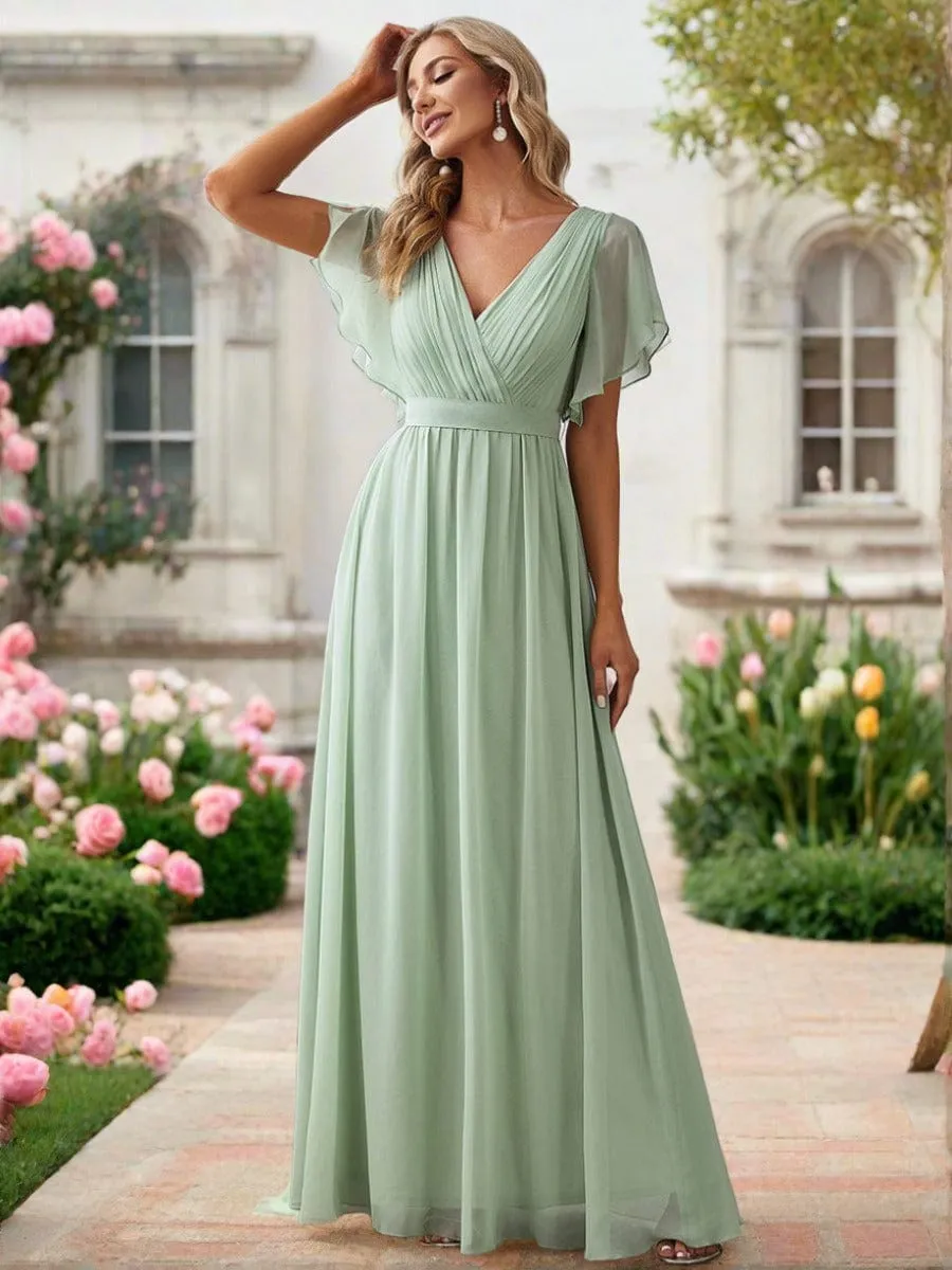 A-Line Pleated Chiffon Tie-Waist Wedding Guest Dress