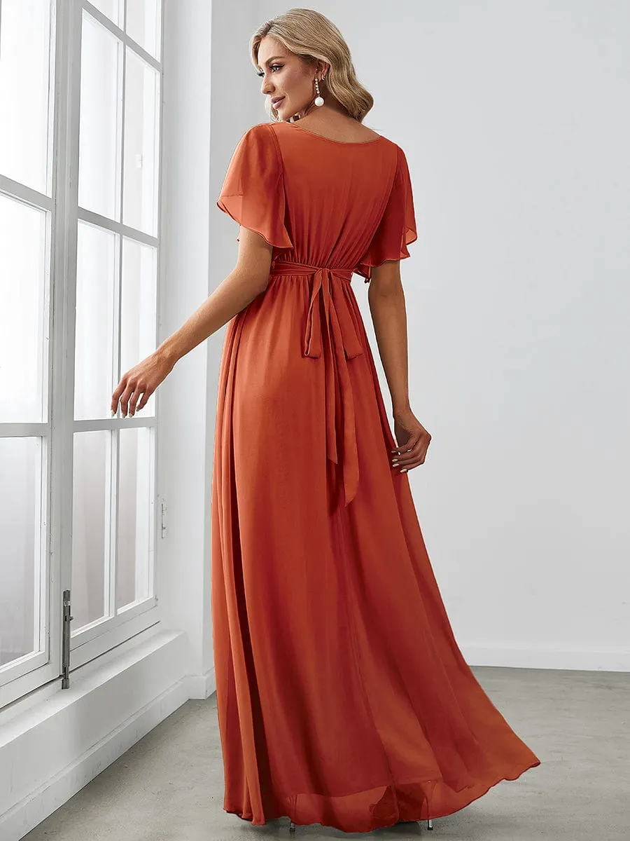 A-Line Pleated Chiffon Tie-Waist Wedding Guest Dress