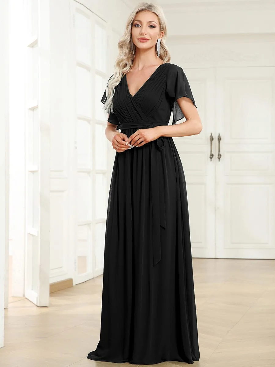 A-Line Pleated Chiffon Tie-Waist Wedding Guest Dress