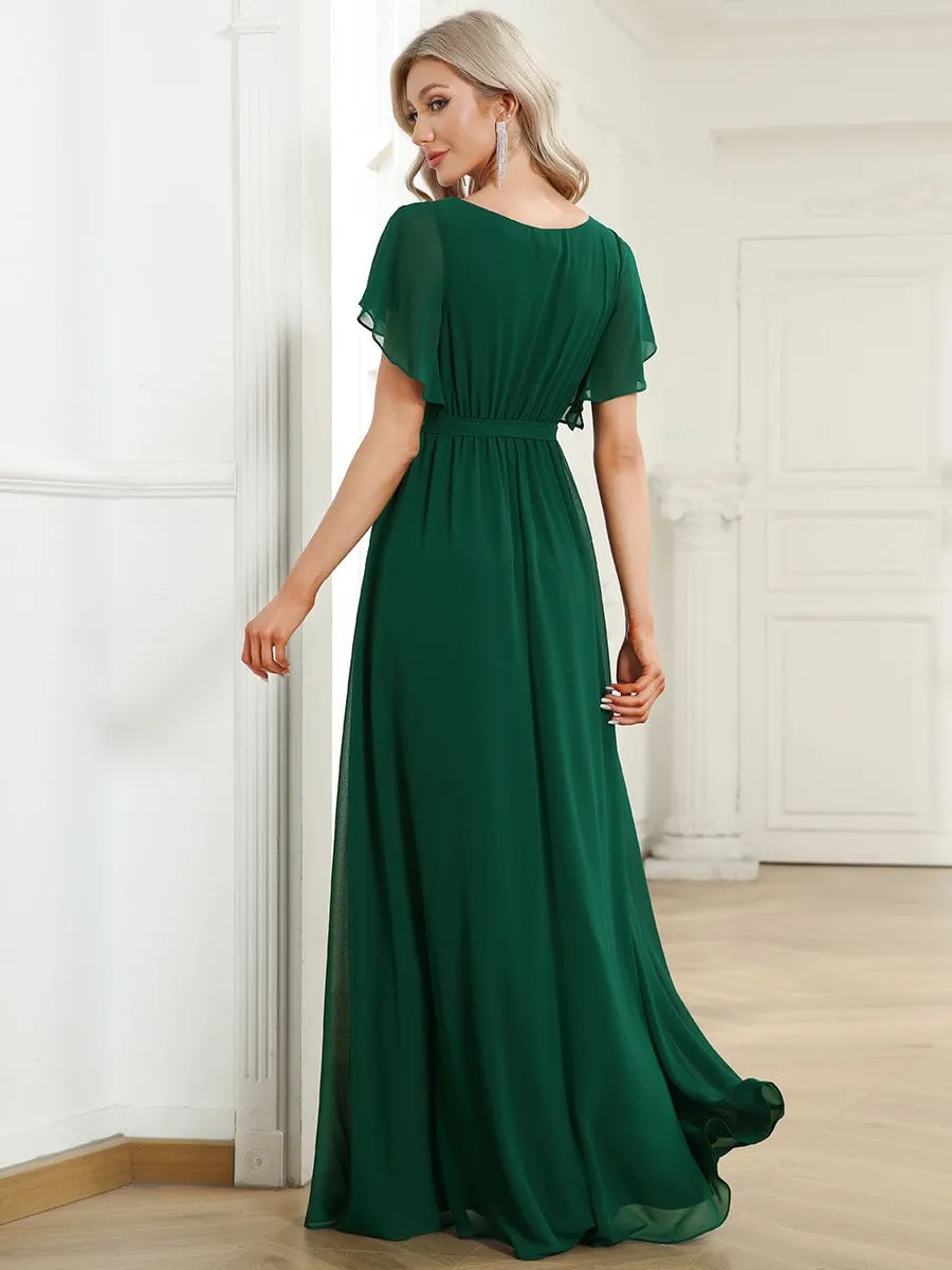 A-Line Pleated Chiffon Tie-Waist Wedding Guest Dress