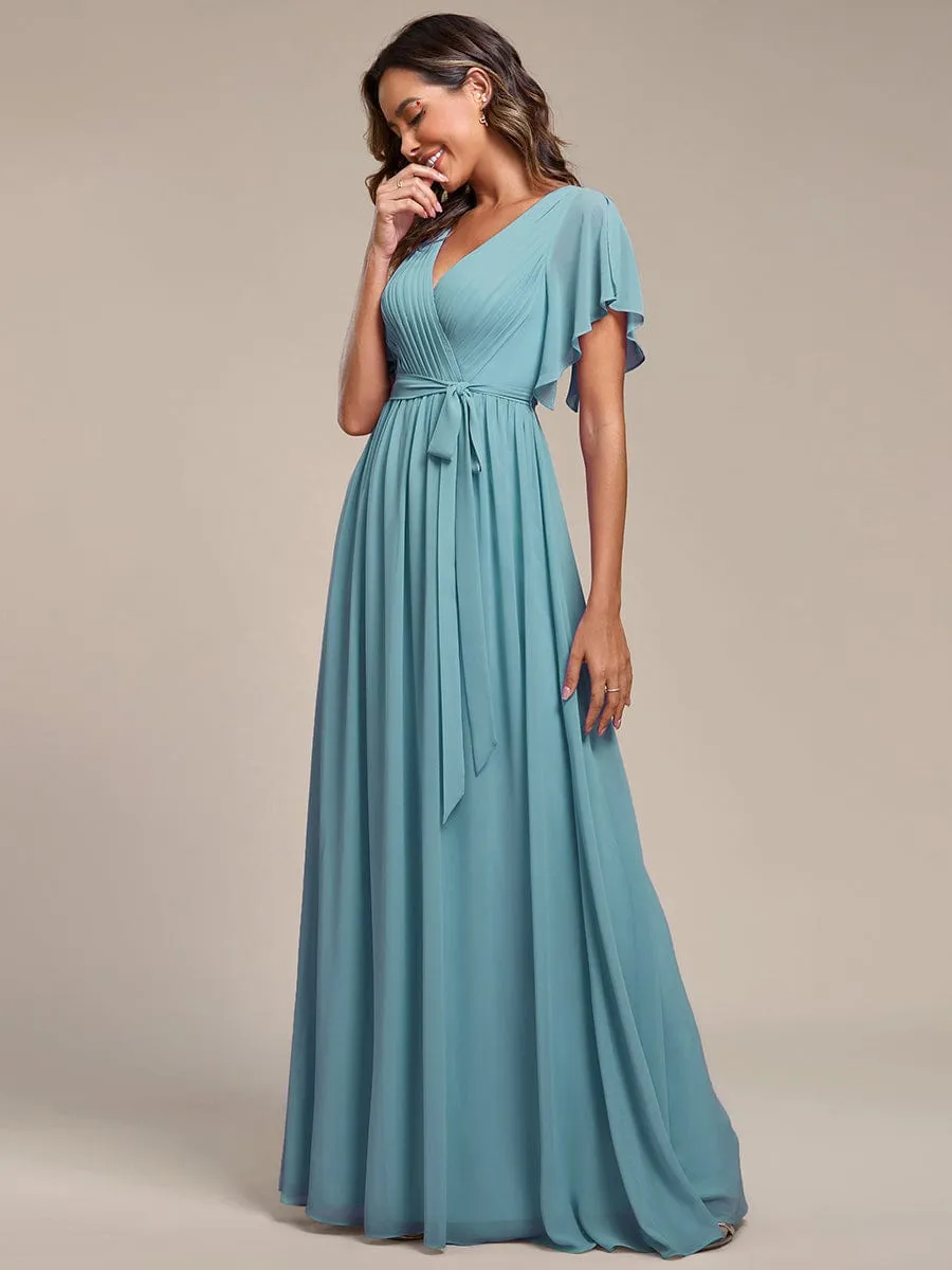 A-Line Pleated Chiffon Tie-Waist Wedding Guest Dress