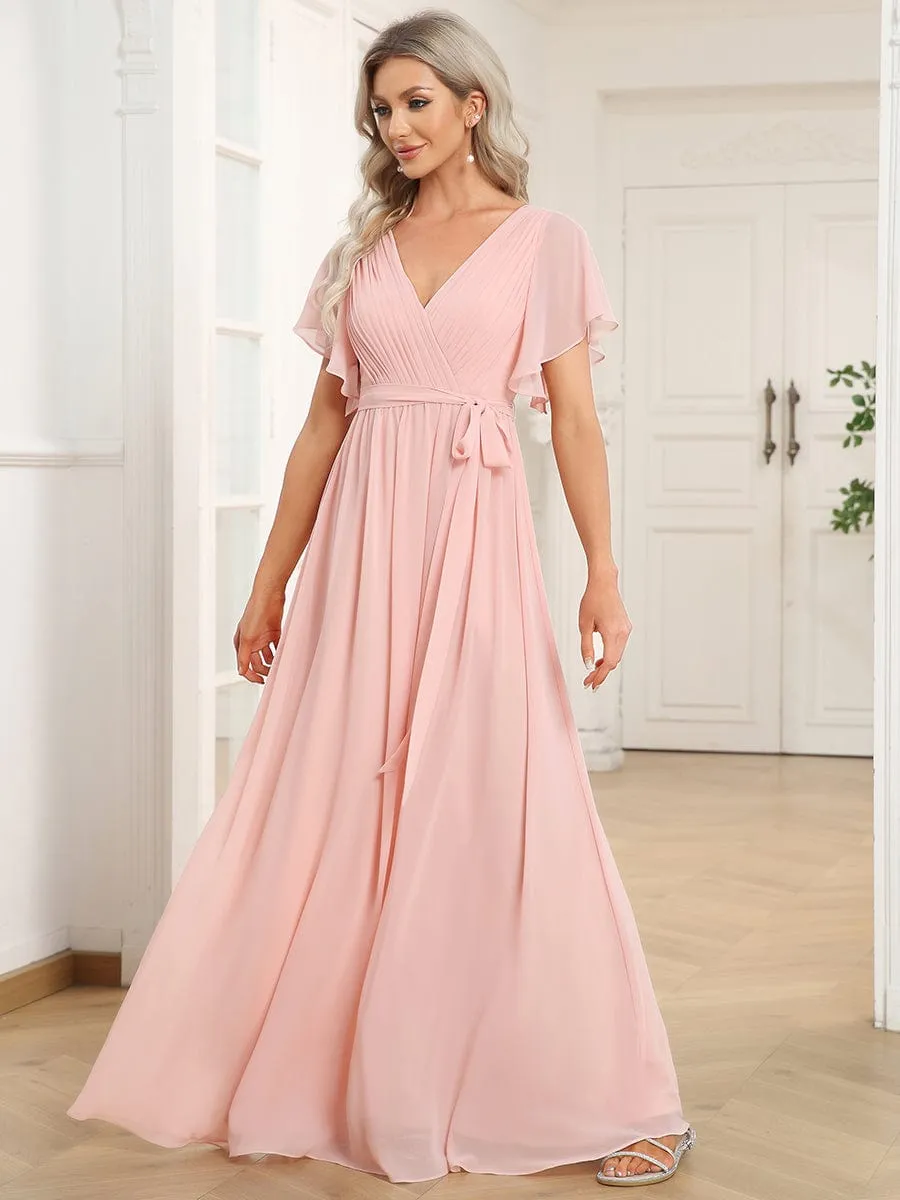 A-Line Pleated Chiffon Tie-Waist Wedding Guest Dress