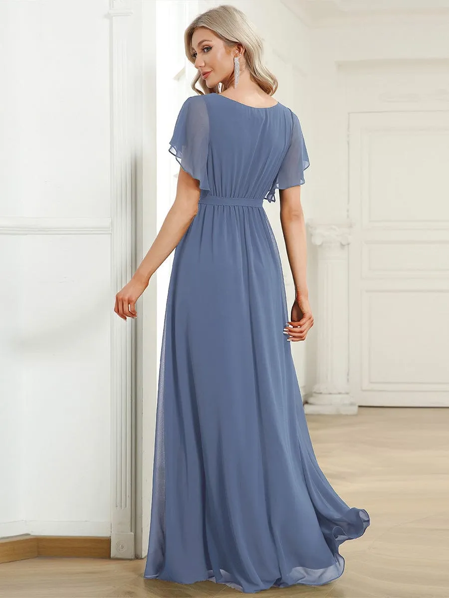 A-Line Pleated Chiffon Tie-Waist Wedding Guest Dress