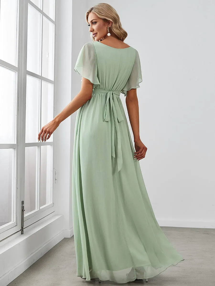 A-Line Pleated Chiffon Tie-Waist Wedding Guest Dress