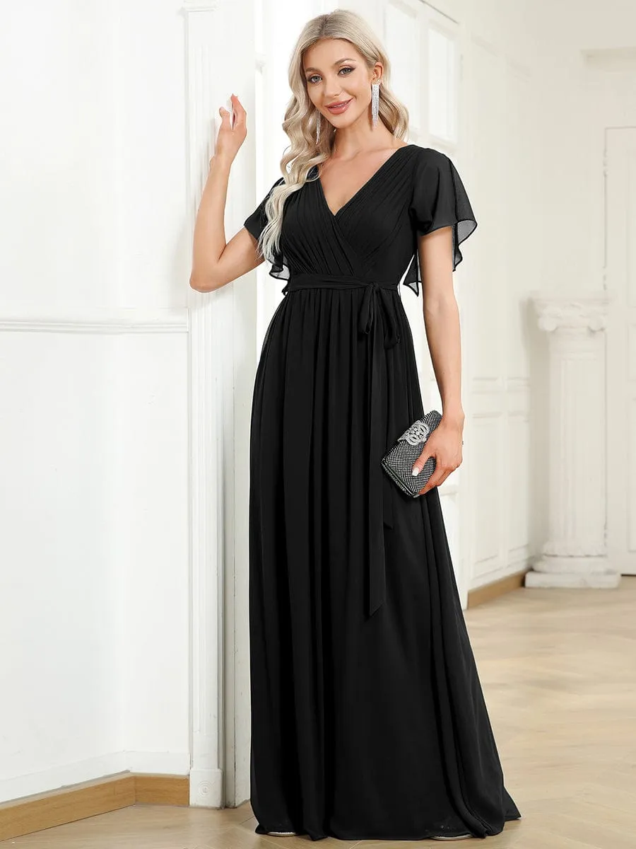 A-Line Pleated Chiffon Tie-Waist Wedding Guest Dress