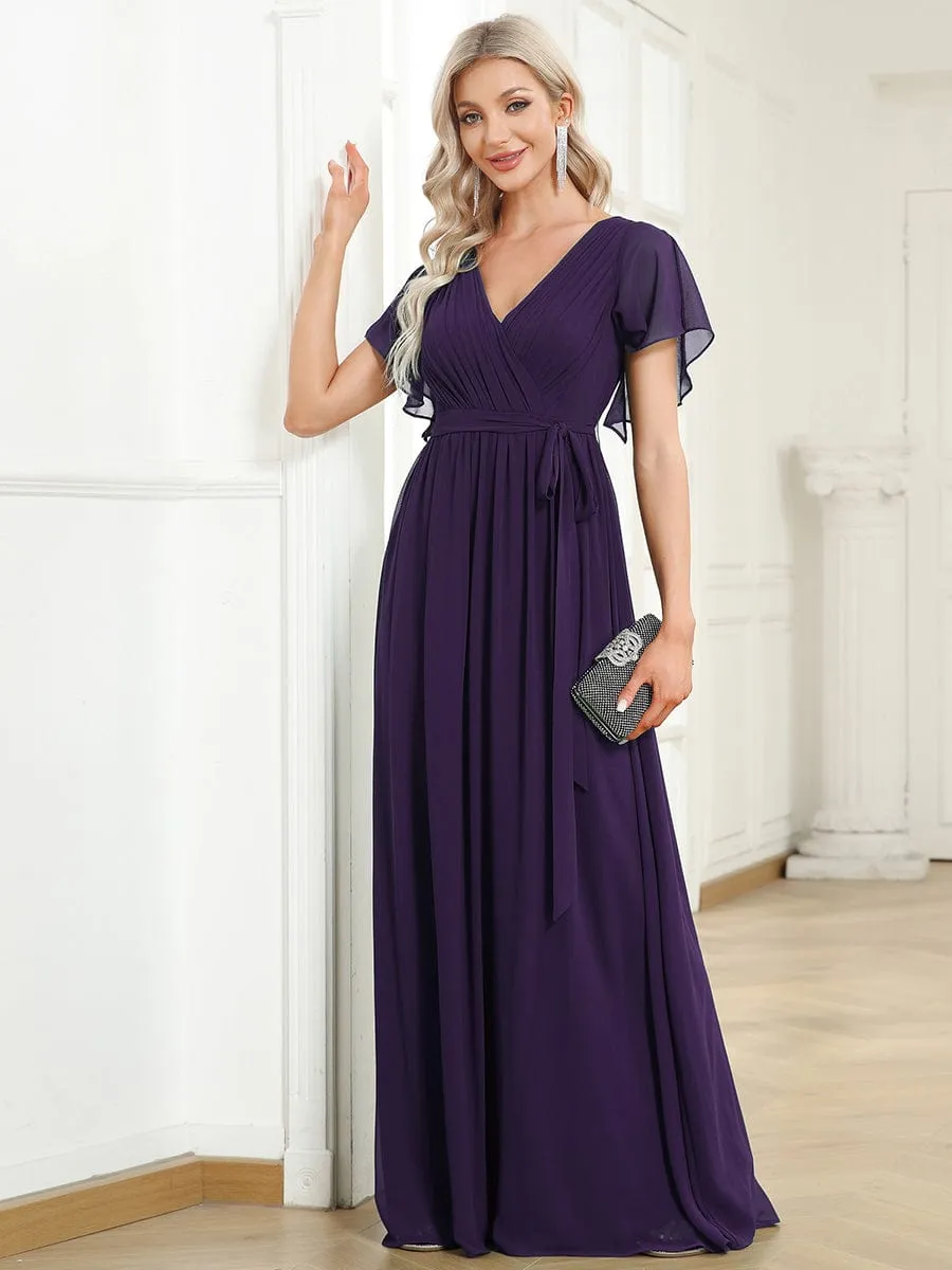 A-Line Pleated Chiffon Tie-Waist Wedding Guest Dress