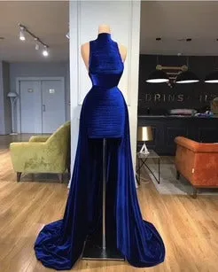 A line royal blue high low velvet prom dresses high neckline evening formal party