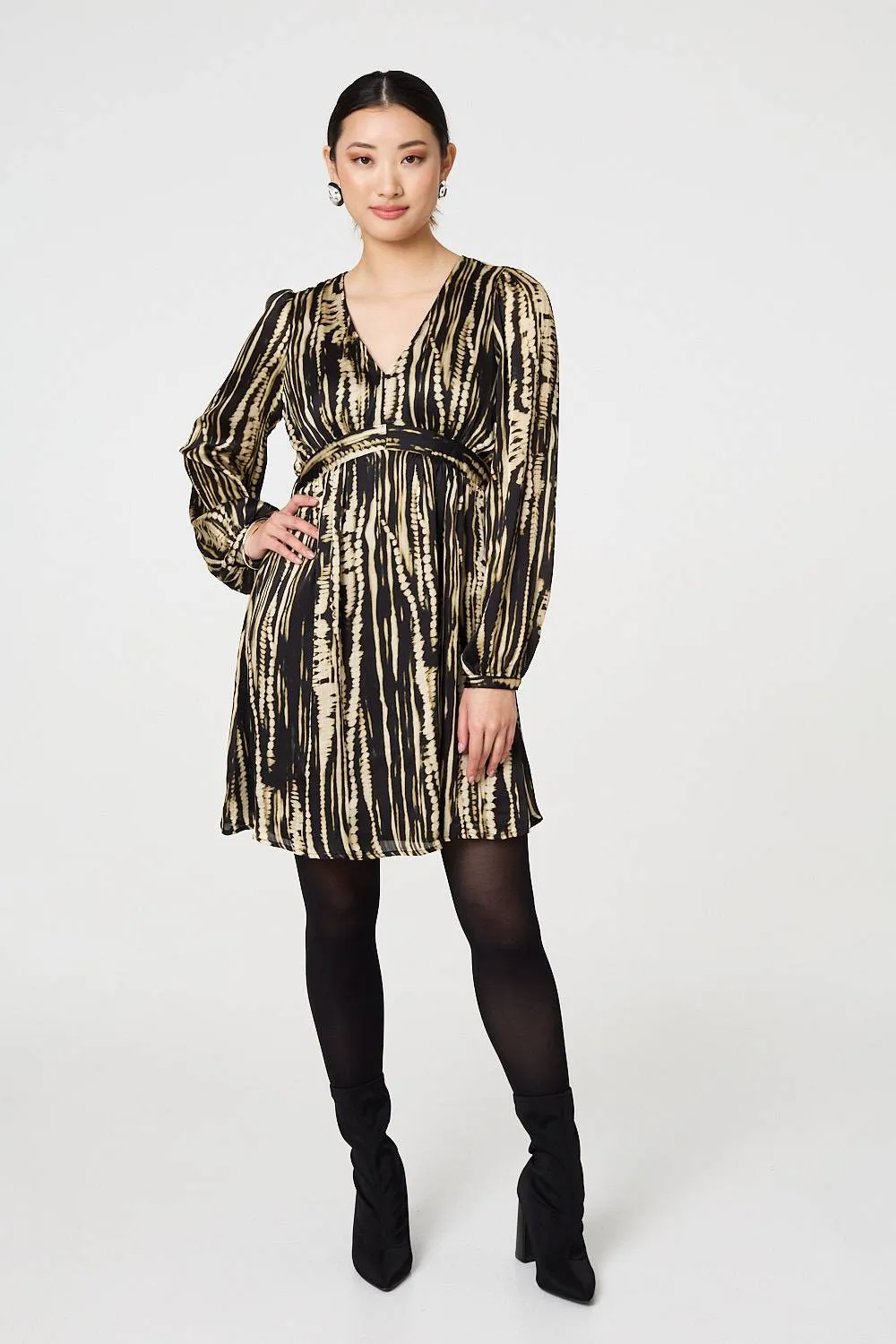 Abstract Long Sleeve Empire Mini Dress