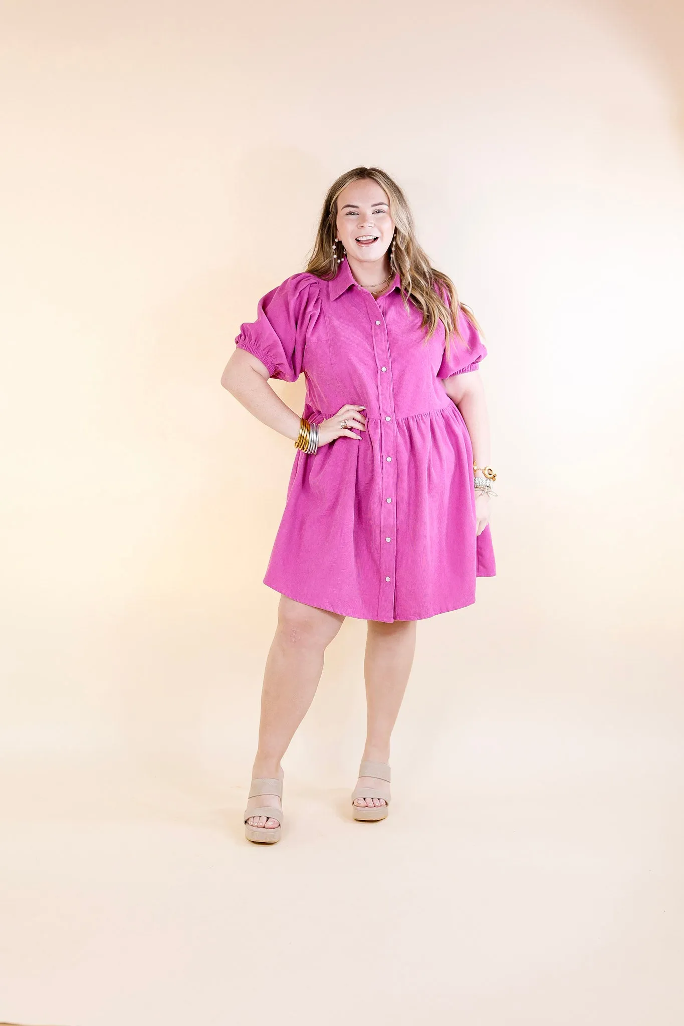 Adventures Ahead Button Up Corduroy Babydoll Dress in Magenta Purple