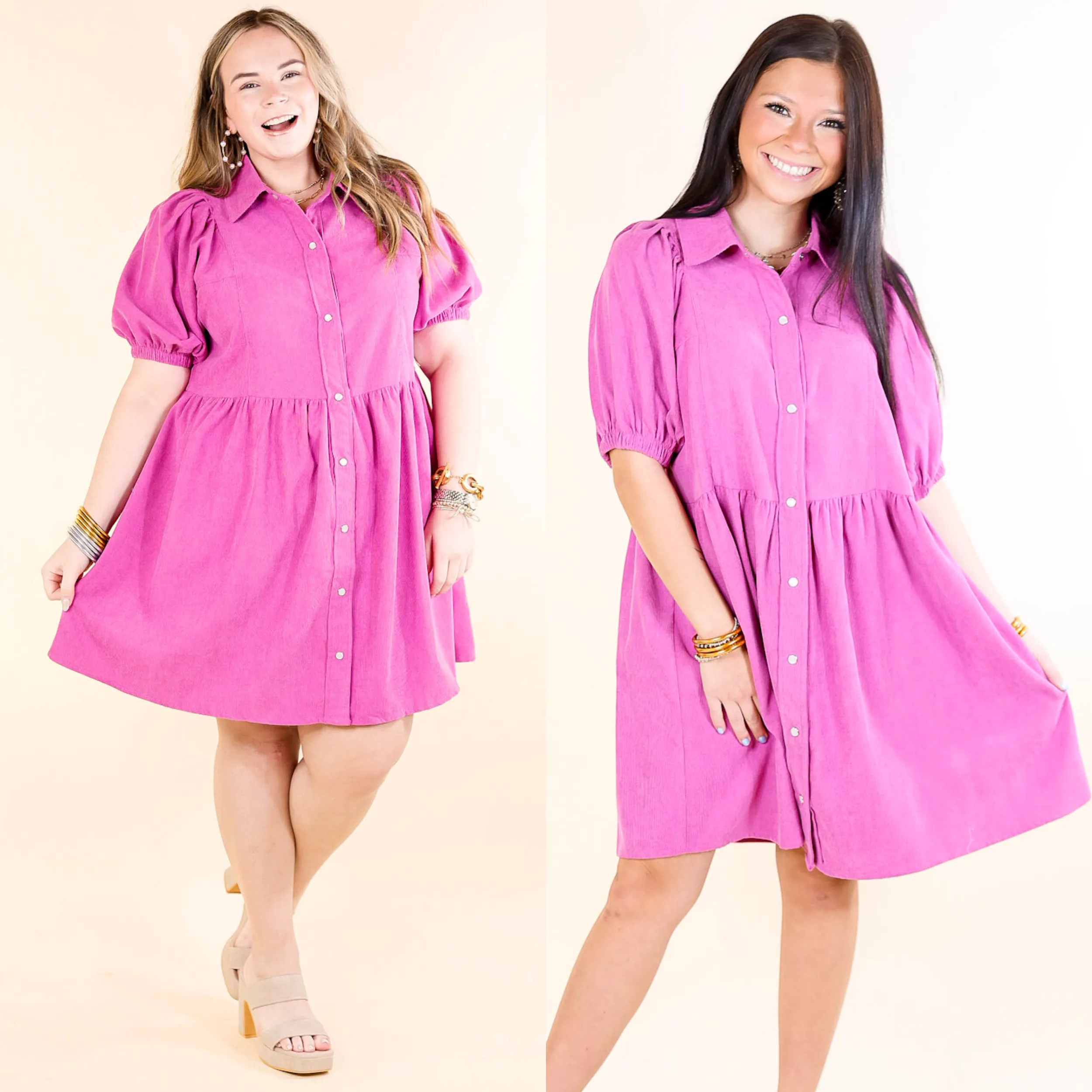 Adventures Ahead Button Up Corduroy Babydoll Dress in Magenta Purple