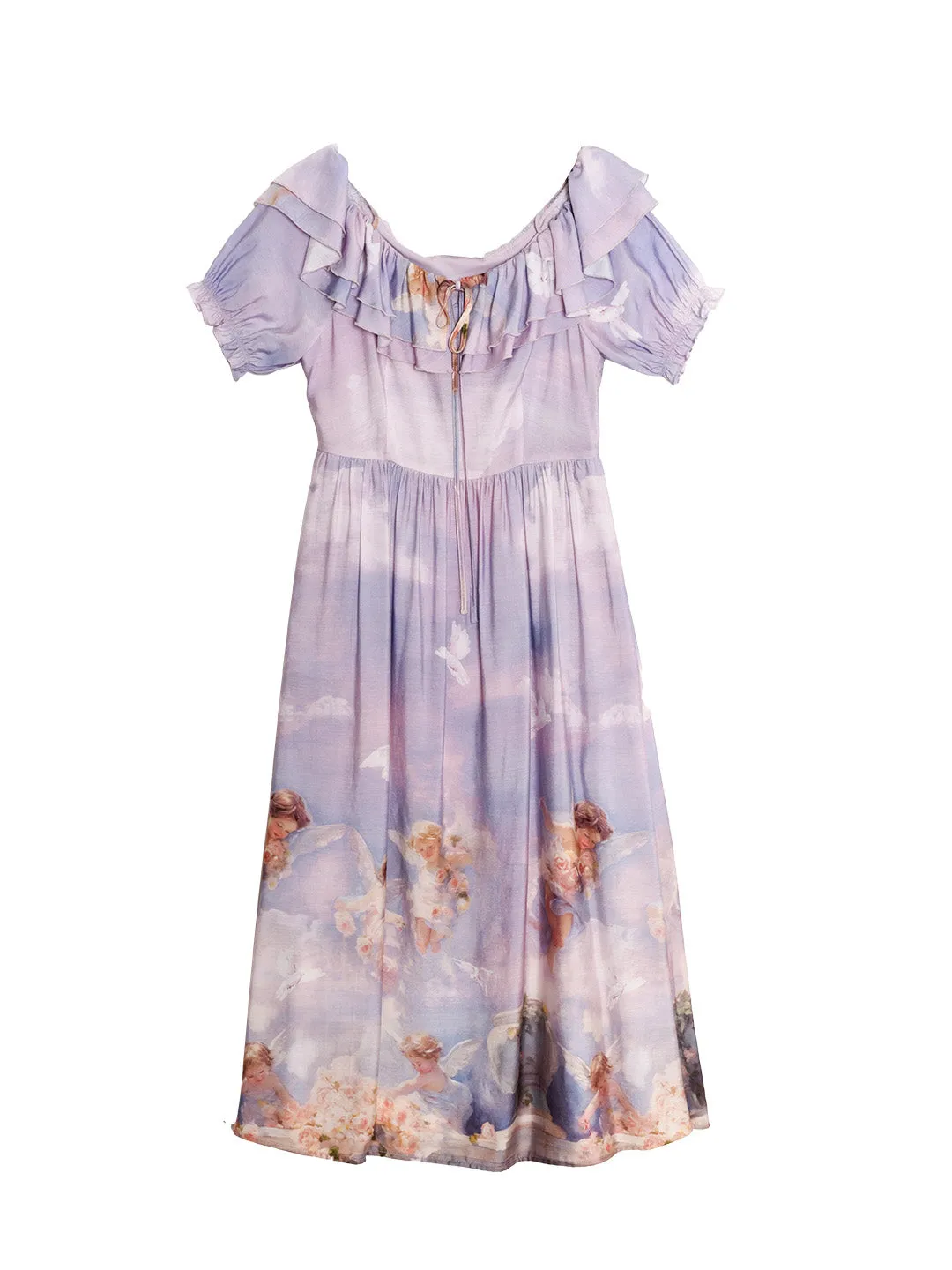 Alicia Exclusive Custom Angel Print Ruffle Collar Bow Puff Sleeve Dress