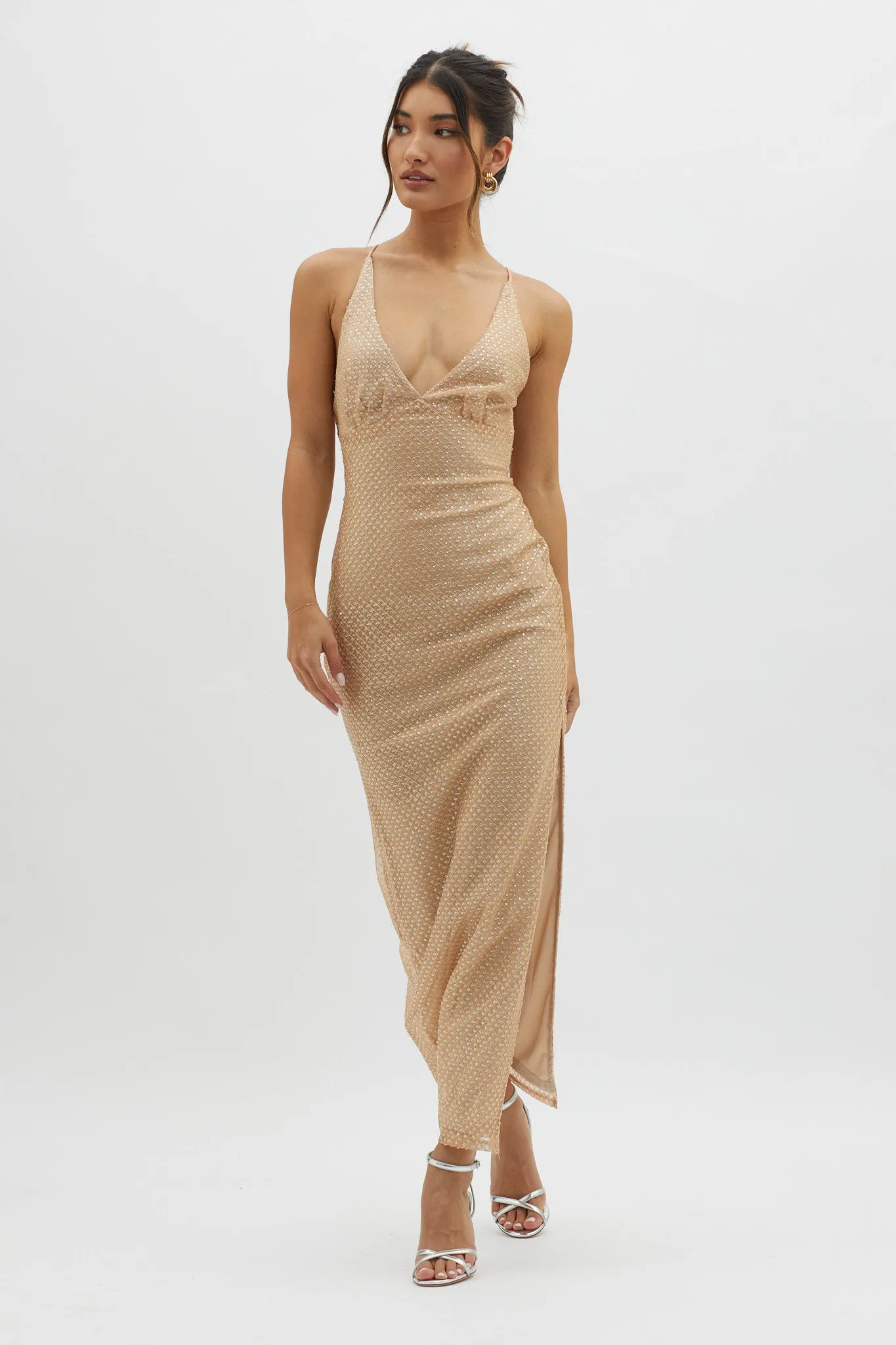 Alysia Plunging Halterneck Maxi Dress Champagne