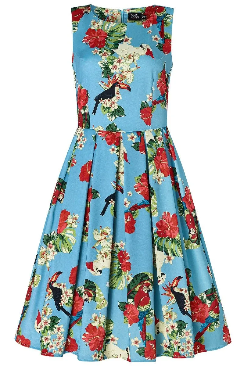 Annie Pecan, Parrot & Leaf Print 1950 Inspired Dress in Sky Blue with Pockets