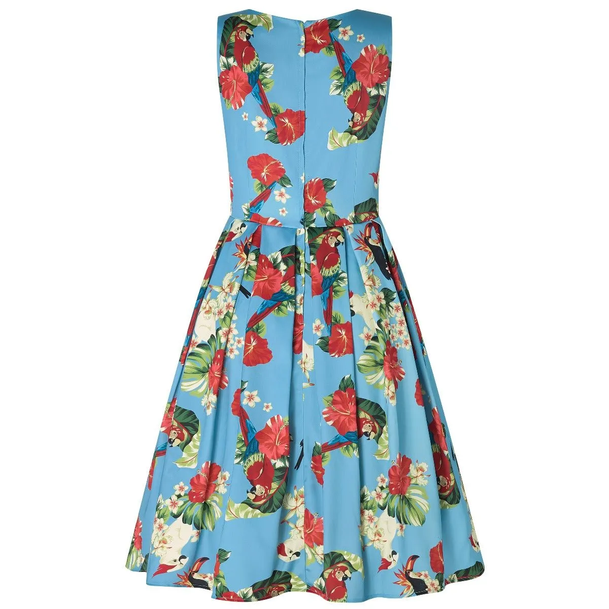 Annie Pecan, Parrot & Leaf Print 1950 Inspired Dress in Sky Blue with Pockets