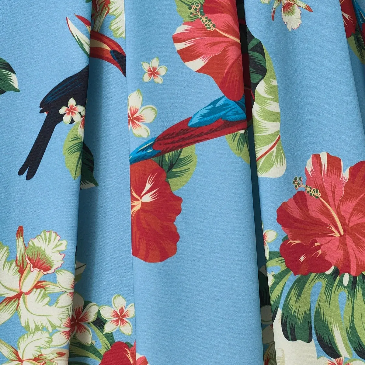 Annie Pecan, Parrot & Leaf Print 1950 Inspired Dress in Sky Blue with Pockets