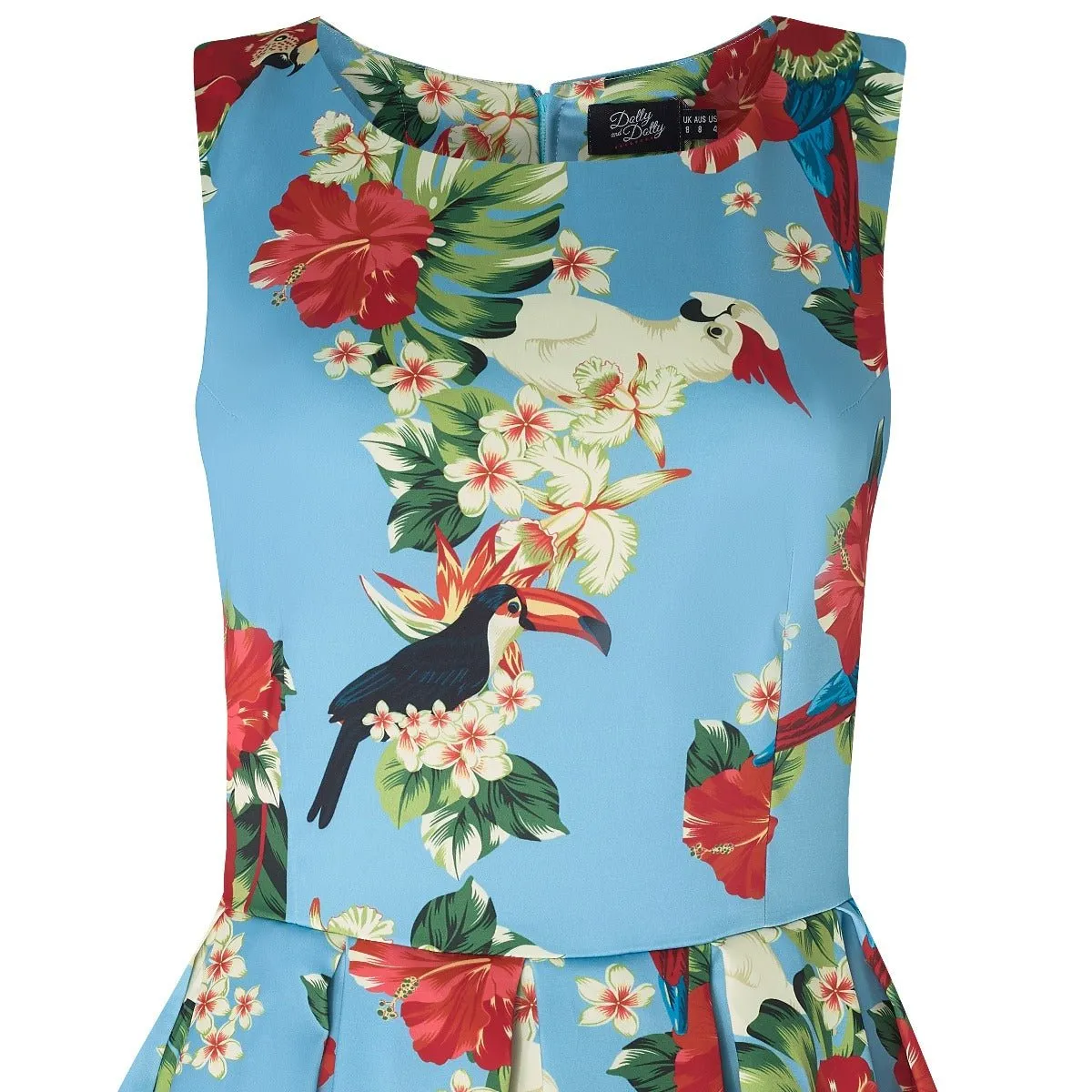 Annie Pecan, Parrot & Leaf Print 1950 Inspired Dress in Sky Blue with Pockets