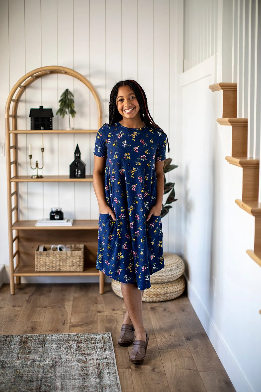 April Dress Navy Ribbed Floral