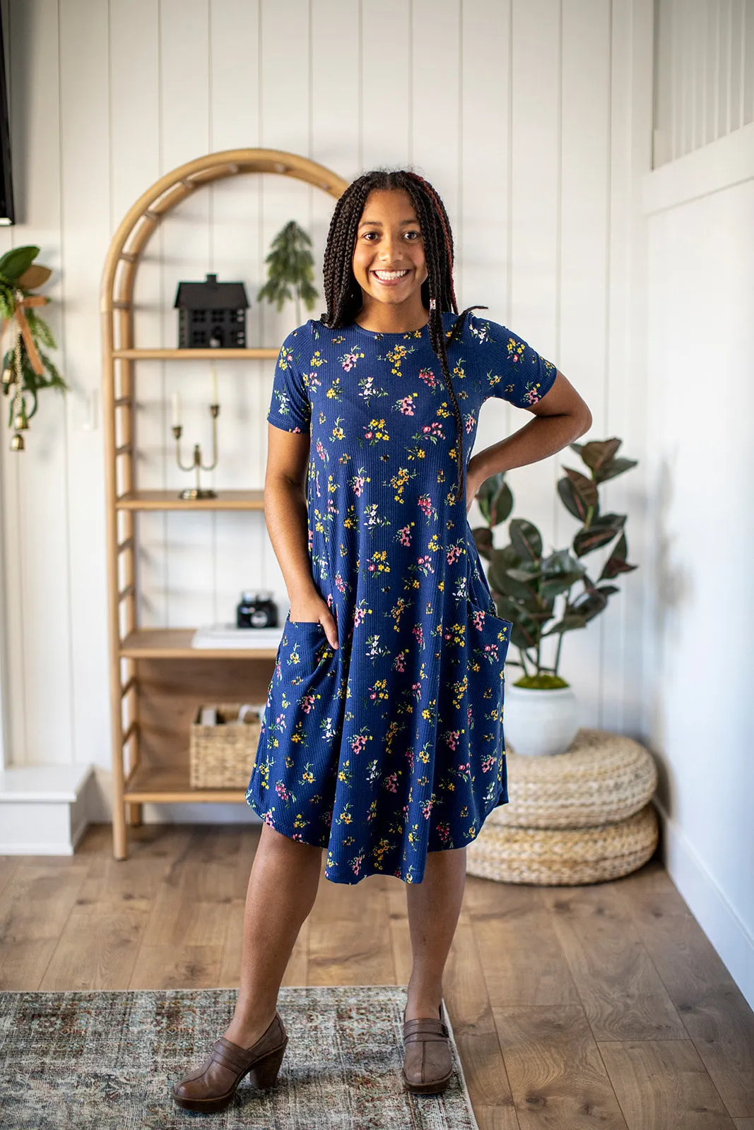 April Dress Navy Ribbed Floral