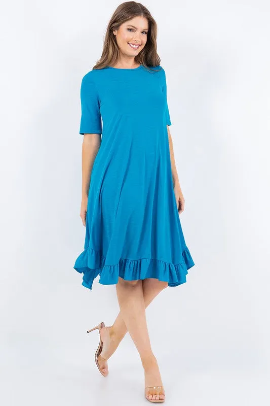 Aqua Blue Short Sleeves Solid Ruffled Hem Dress With Side Pocketes