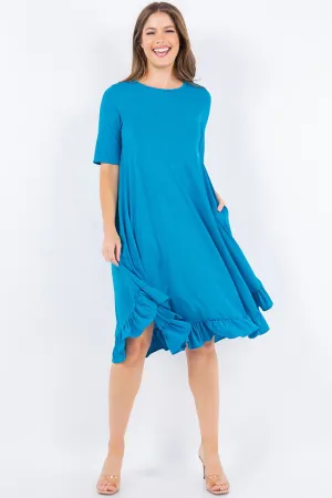 Aqua Blue Short Sleeves Solid Ruffled Hem Dress With Side Pocketes