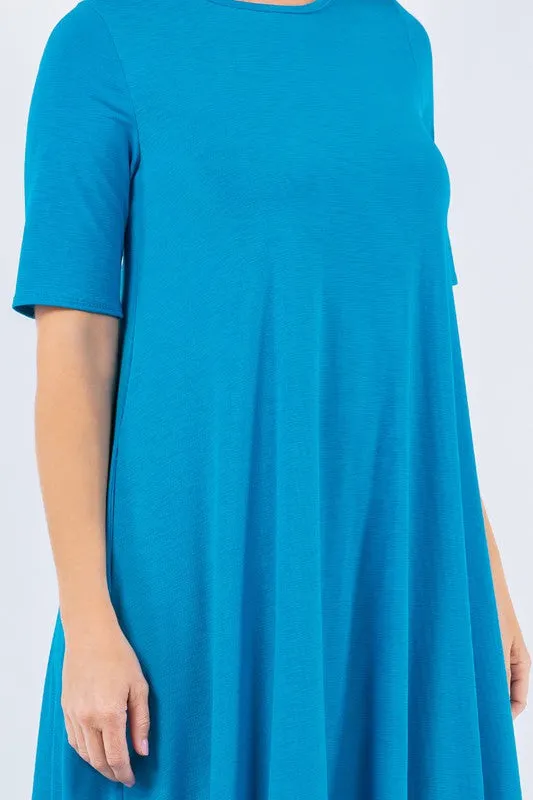 Aqua Blue Short Sleeves Solid Ruffled Hem Dress With Side Pocketes