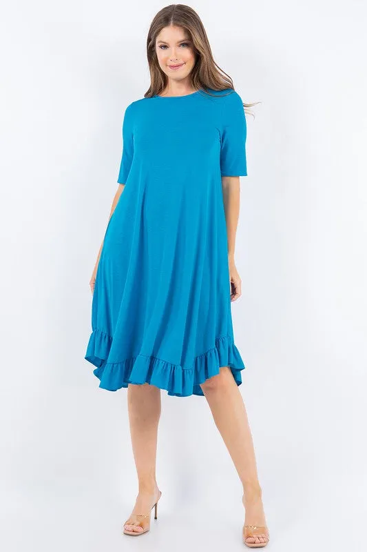 Aqua Blue Short Sleeves Solid Ruffled Hem Dress With Side Pocketes