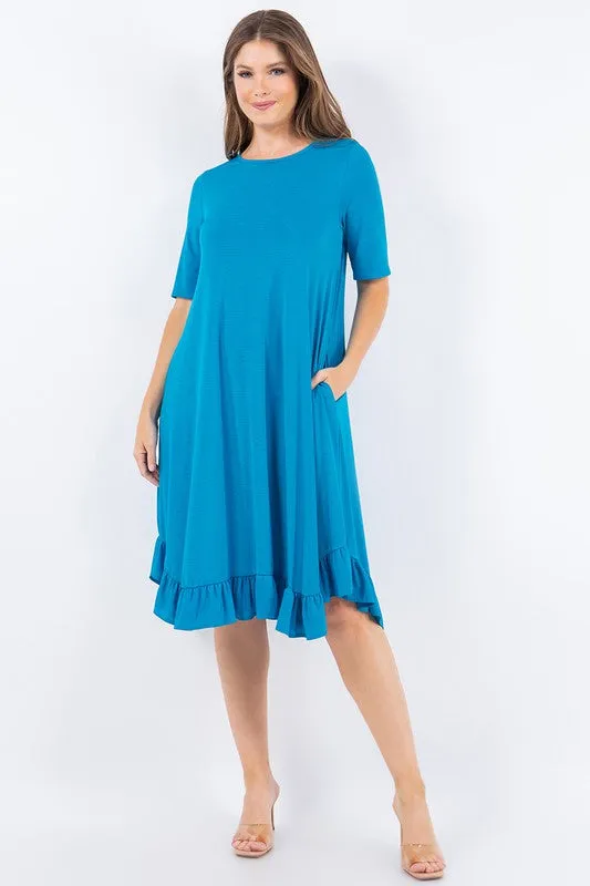 Aqua Blue Short Sleeves Solid Ruffled Hem Dress With Side Pocketes