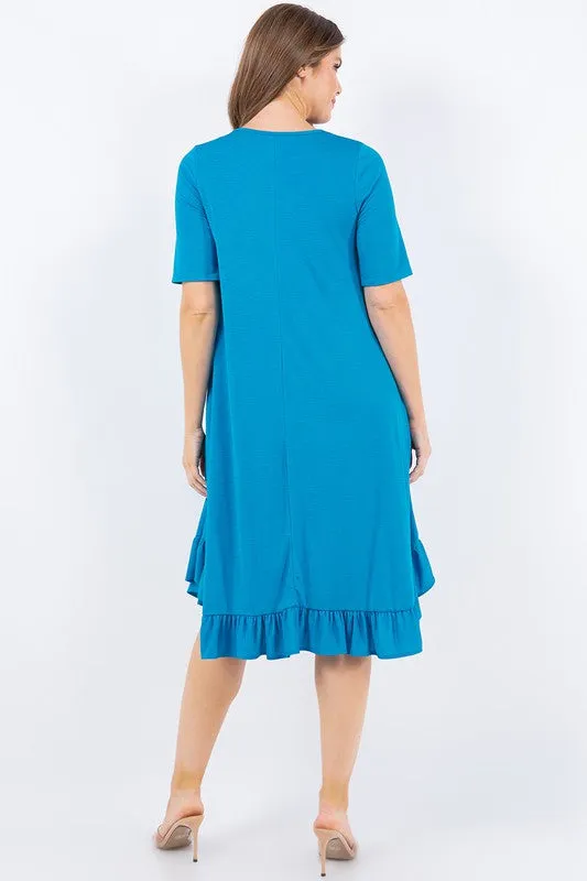 Aqua Blue Short Sleeves Solid Ruffled Hem Dress With Side Pocketes