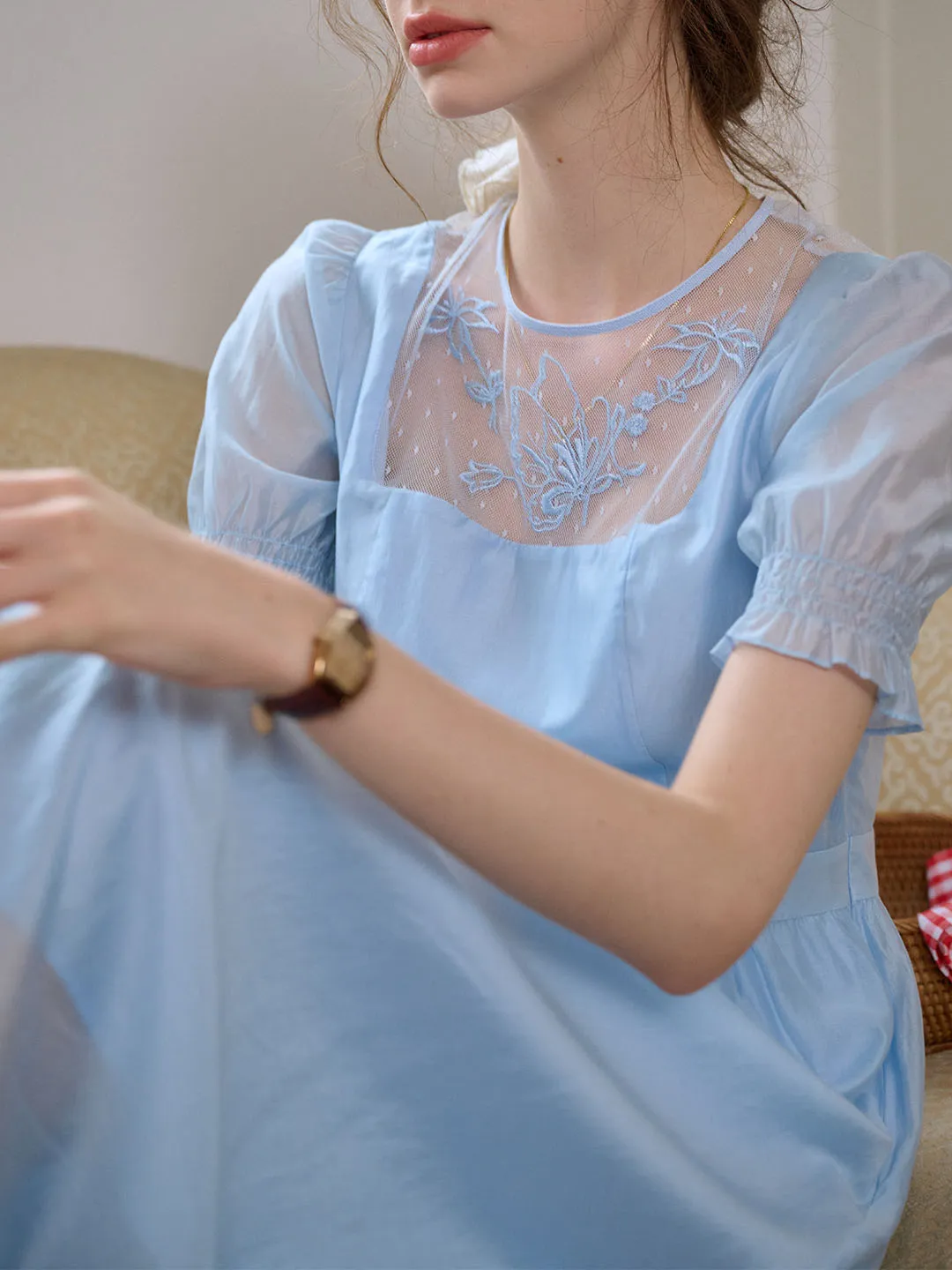 Ariella Round Neck Mesh Embroidered Puff Sleeve Dress- Light Blue