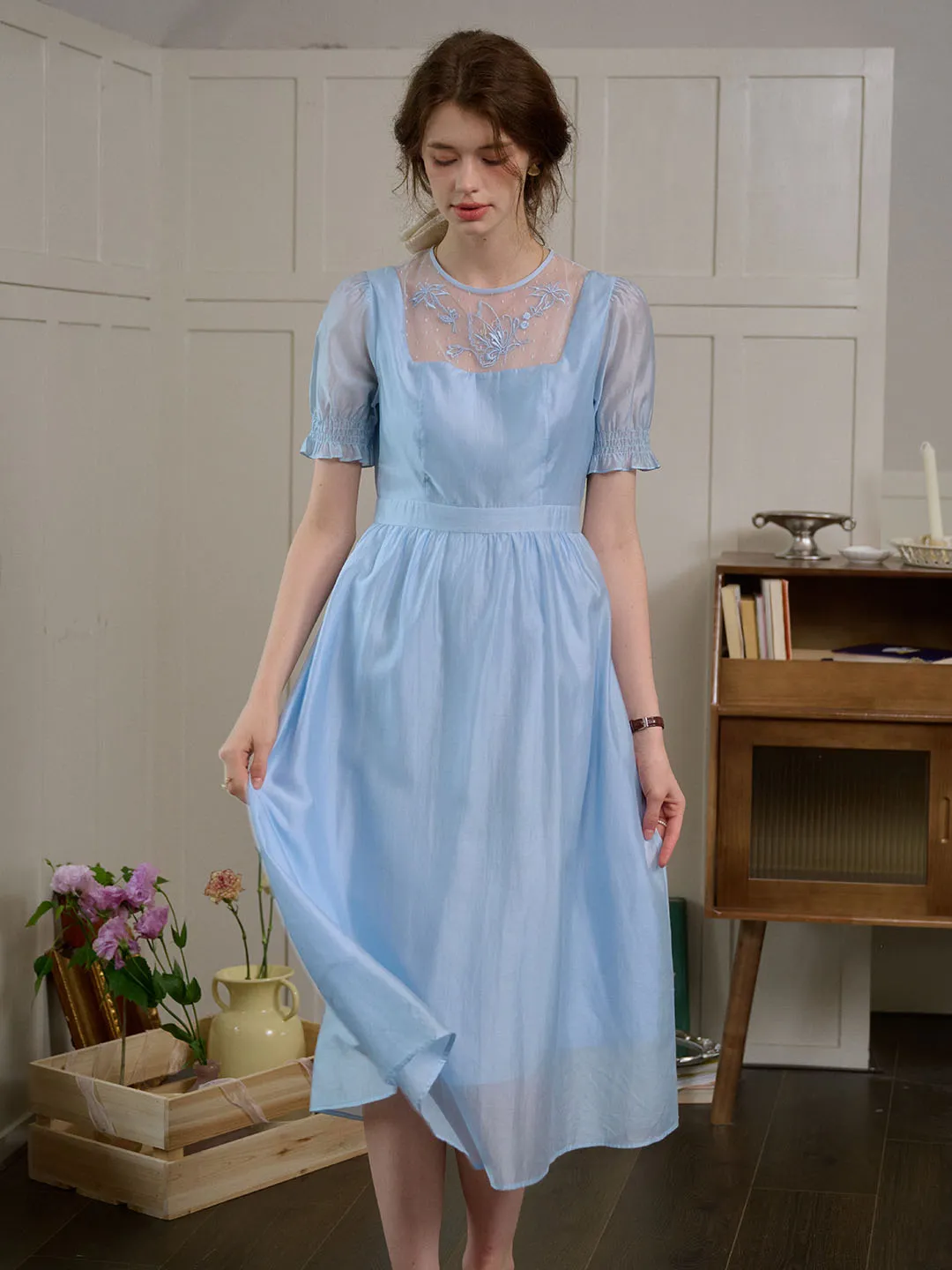 Ariella Round Neck Mesh Embroidered Puff Sleeve Dress- Light Blue