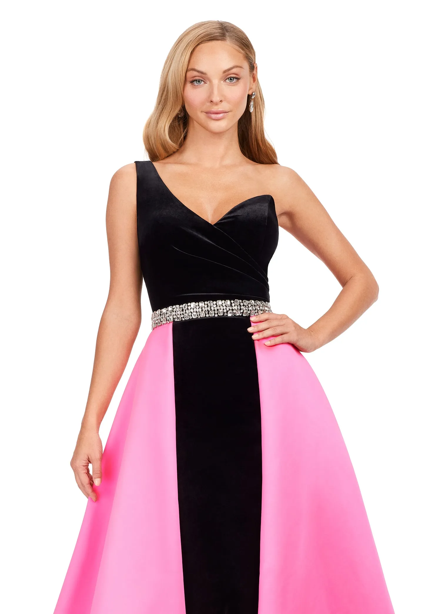 Ashley Lauren 11265 Velvet One Shoulder Heavy Satin Overskirt Crystal Beaded Belt Gown Formal Dress Prom