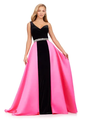 Ashley Lauren 11265 Velvet One Shoulder Heavy Satin Overskirt Crystal Beaded Belt Gown Formal Dress Prom