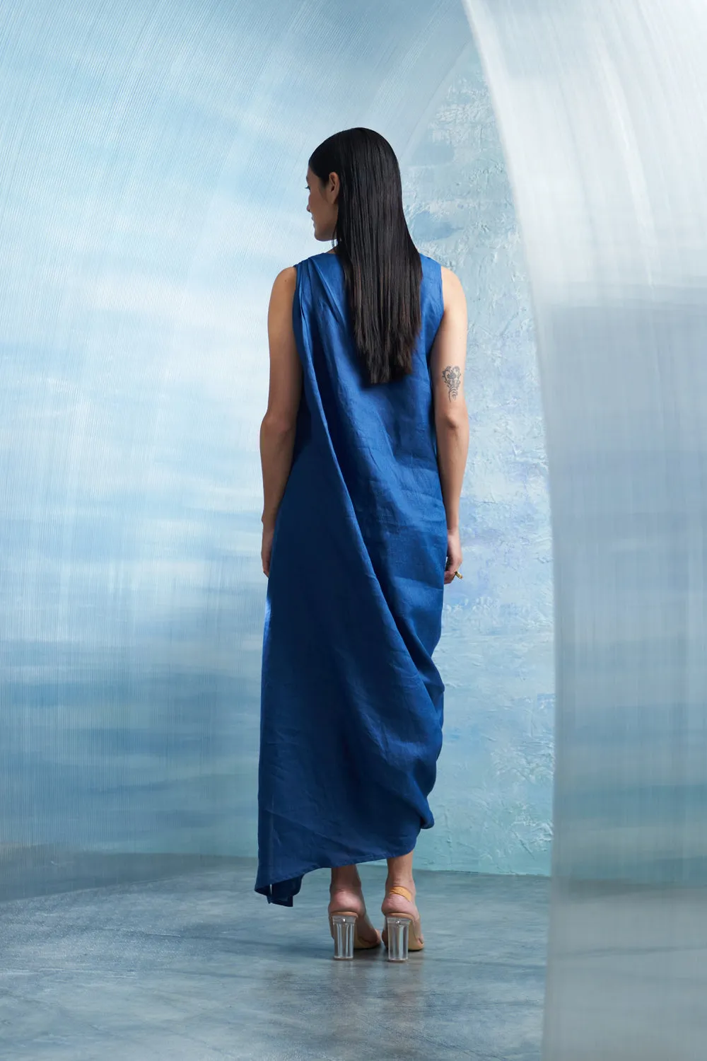 Aura Royal Blue Linen Drape Dress