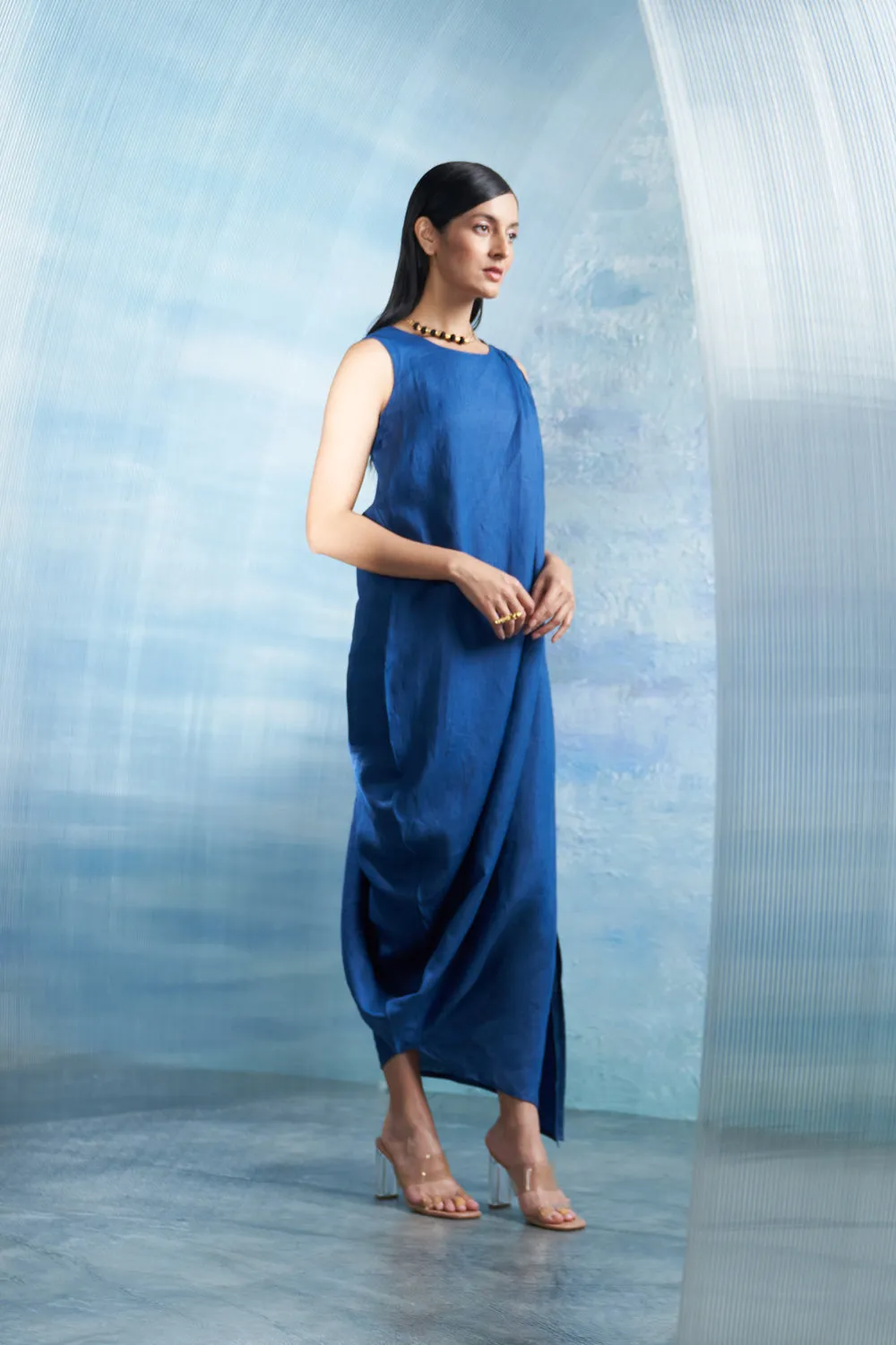 Aura Royal Blue Linen Drape Dress