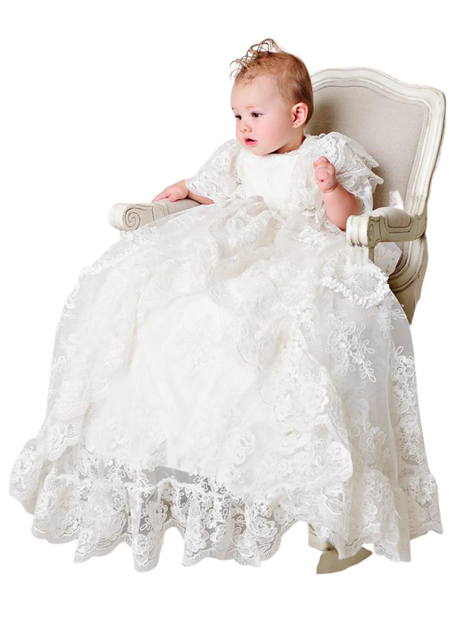 Baby Girls Pearl White Satin Silk Royal Christening Gown Outfit, Sizes 3-12M