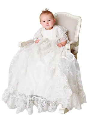 Baby Girls Pearl White Satin Silk Royal Christening Gown Outfit, Sizes 3-12M