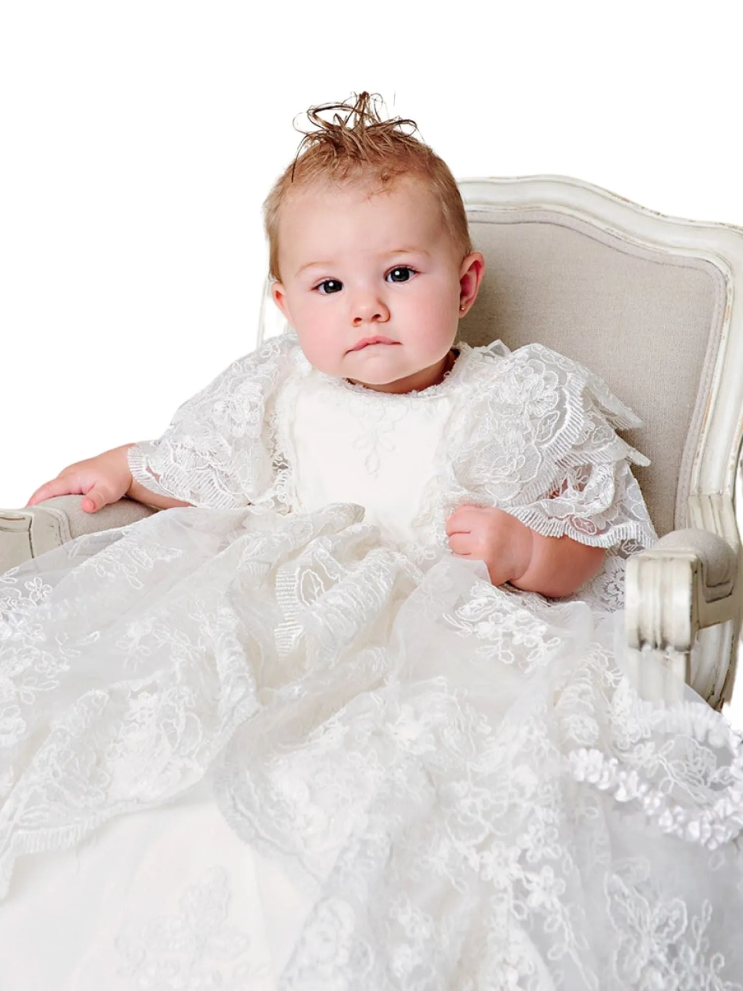 Baby Girls Pearl White Satin Silk Royal Christening Gown Outfit, Sizes 3-12M