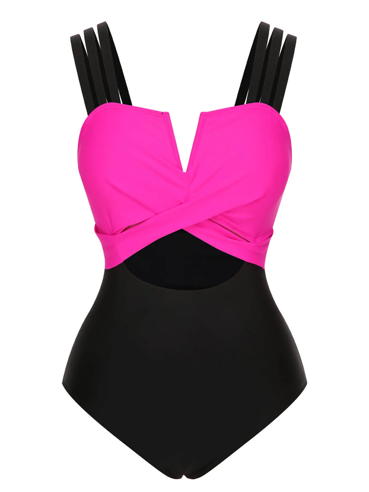 Black & Rose Red 1960s Color Block Swimsuit