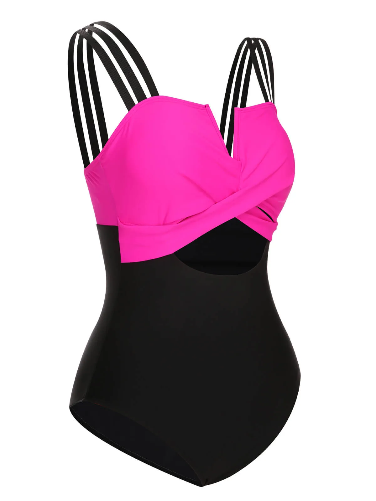 Black & Rose Red 1960s Color Block Swimsuit