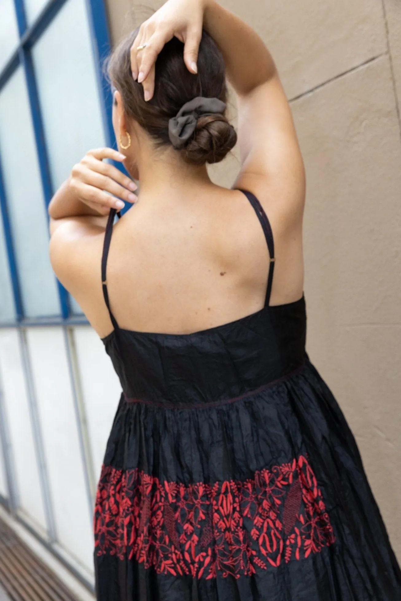 Black Silk Dress with Red Hand-Embroideries