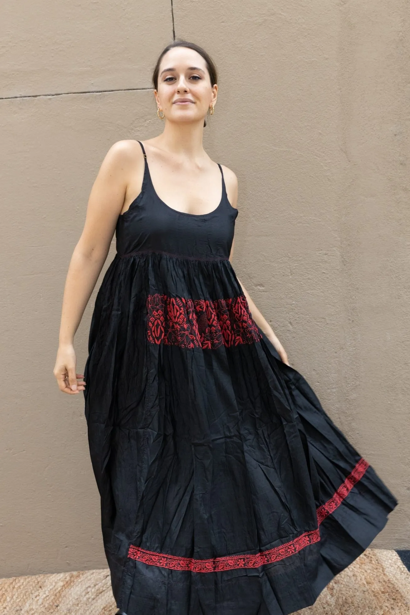 Black Silk Dress with Red Hand-Embroideries