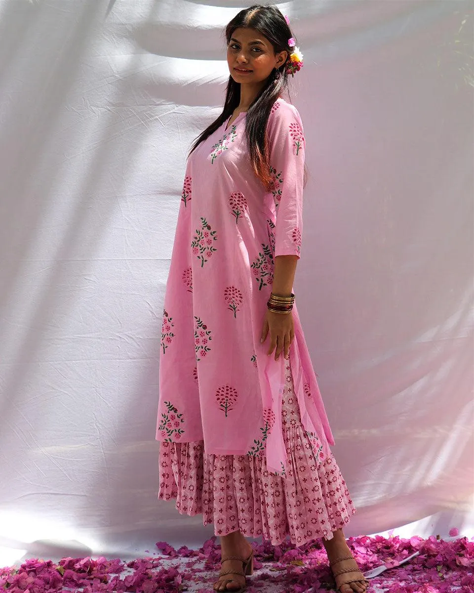 Blossom Pink Block Printed Cotton Kurta With Botton Set - Fos