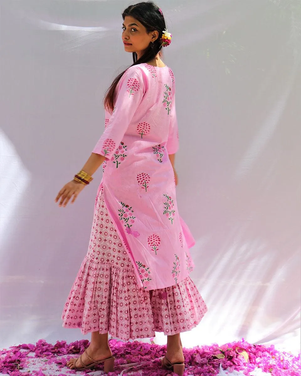 Blossom Pink Block Printed Cotton Kurta With Botton Set - Fos