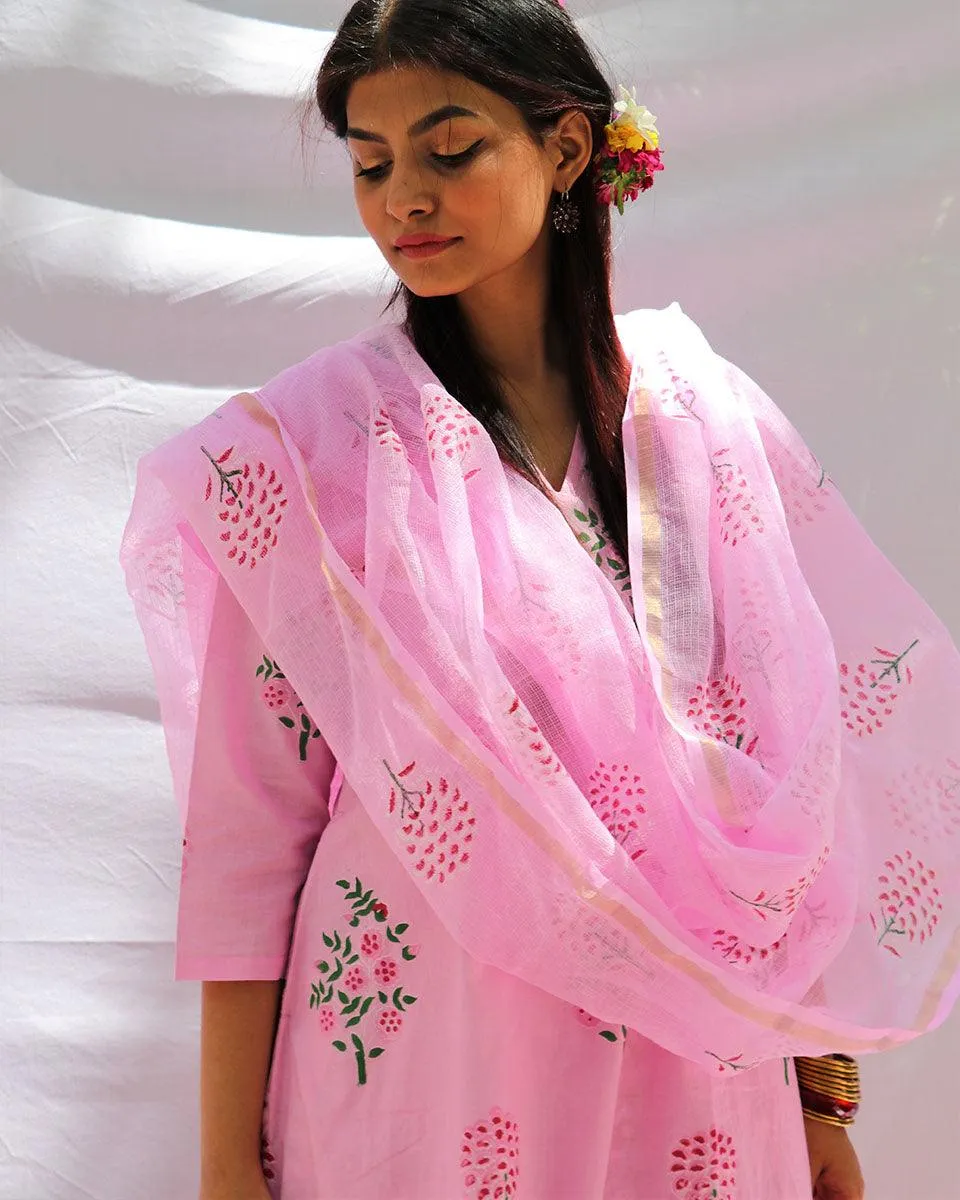 Blossom Pink Block Printed Cotton Kurta With Botton Set - Fos