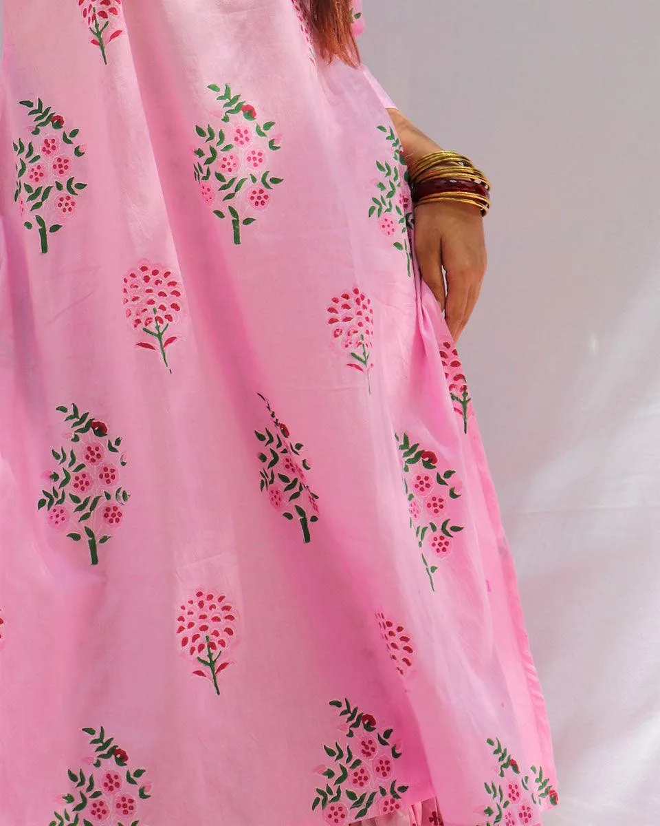 Blossom Pink Block Printed Cotton Kurta With Botton Set - Fos