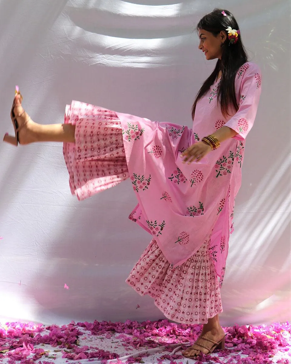 Blossom Pink Block Printed Cotton Kurta With Botton Set - Fos