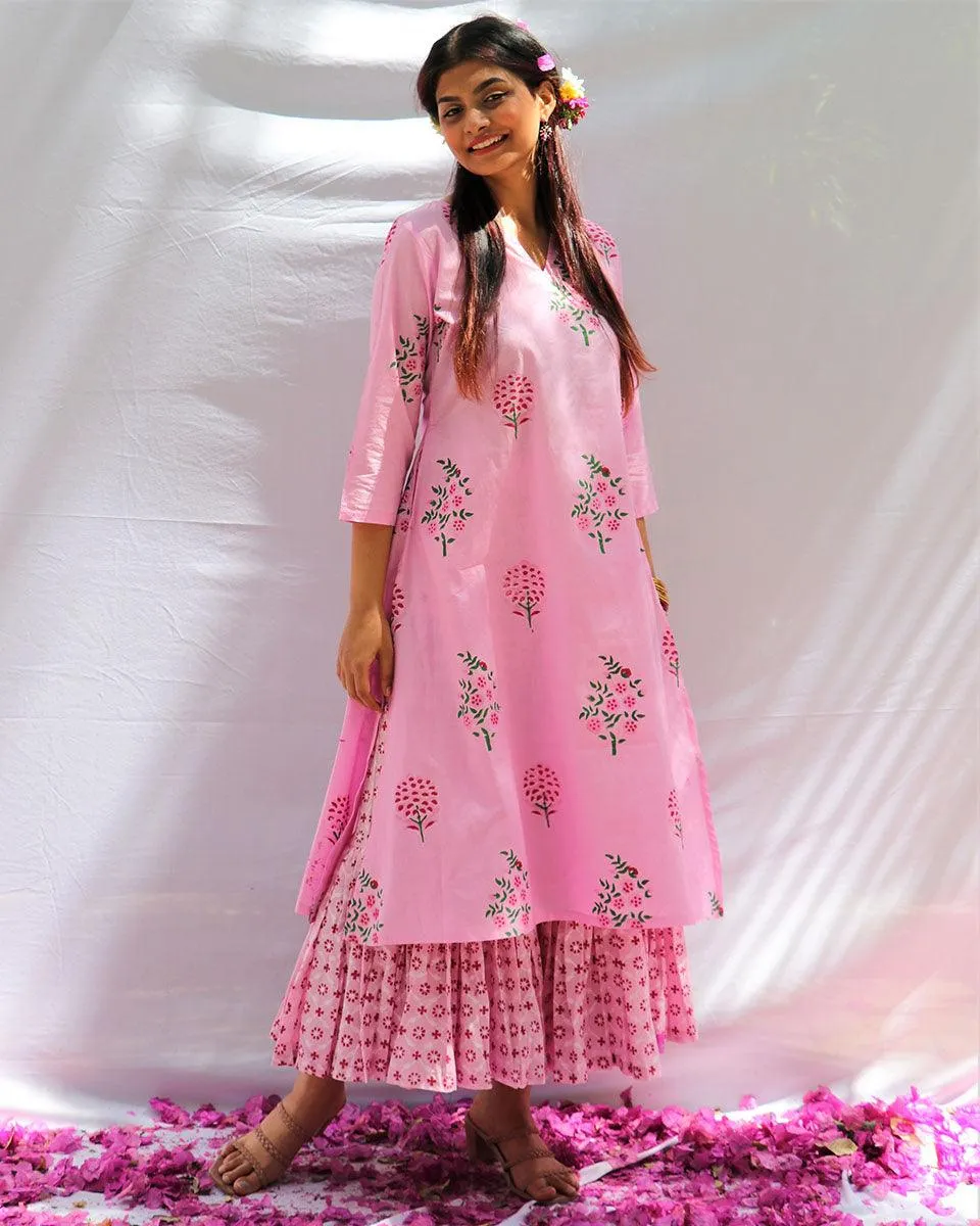 Blossom Pink Block Printed Cotton Kurta With Botton Set - Fos