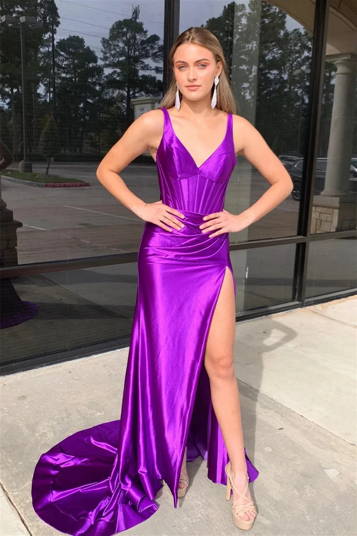 Blue V Neck Mermaid Satin Long Prom Dresses