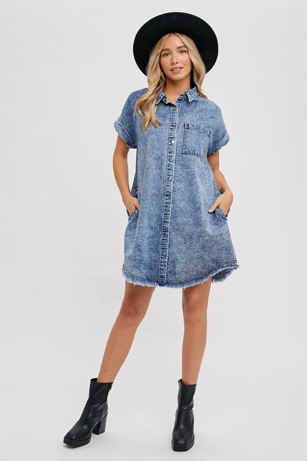 BLUIVY FRAYED HEM DENIM SHIRT DRESS