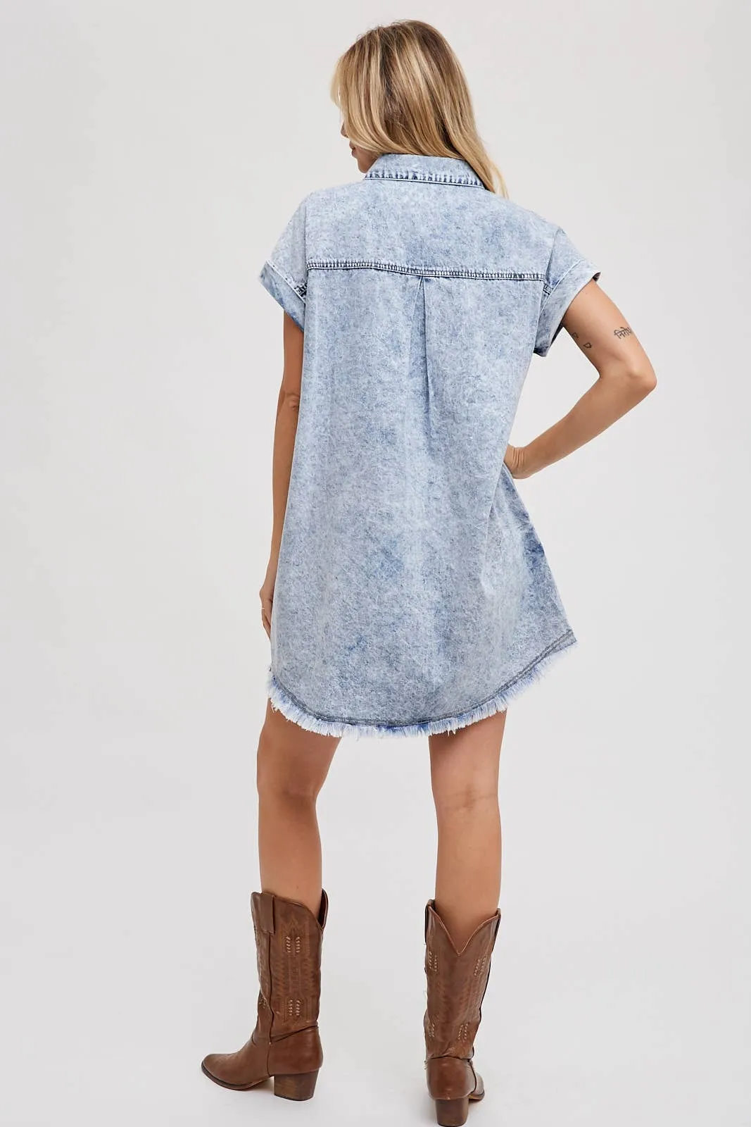 BLUIVY FRAYED HEM DENIM SHIRT DRESS